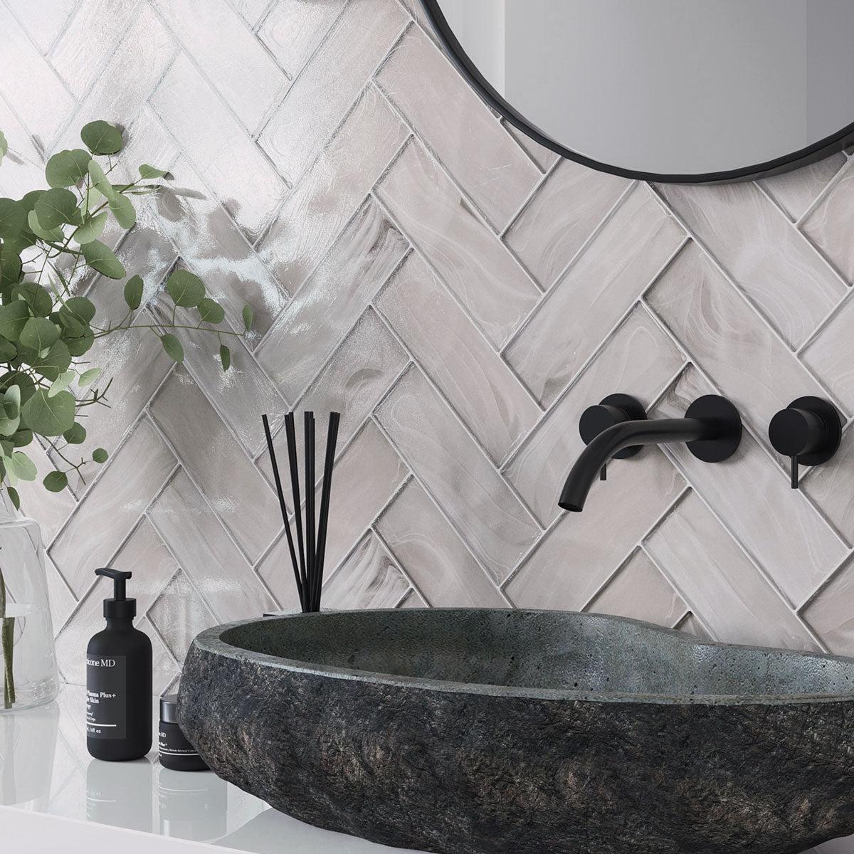 White Handpoured Glass Subway Tiles in Sea Glass Platinum