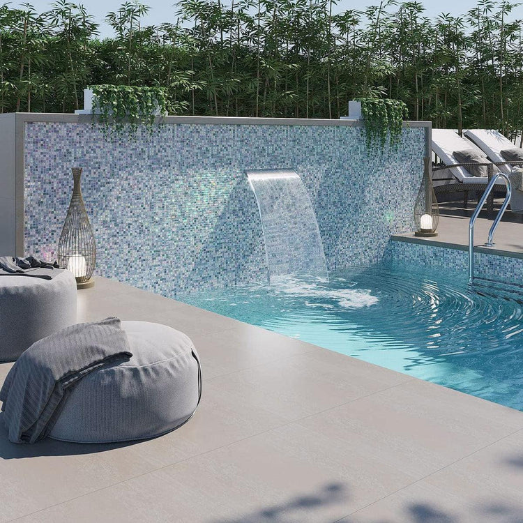 Fountain Feature into a Swimming Pool with Opal Shimmer Mixed Squares Glass Tile