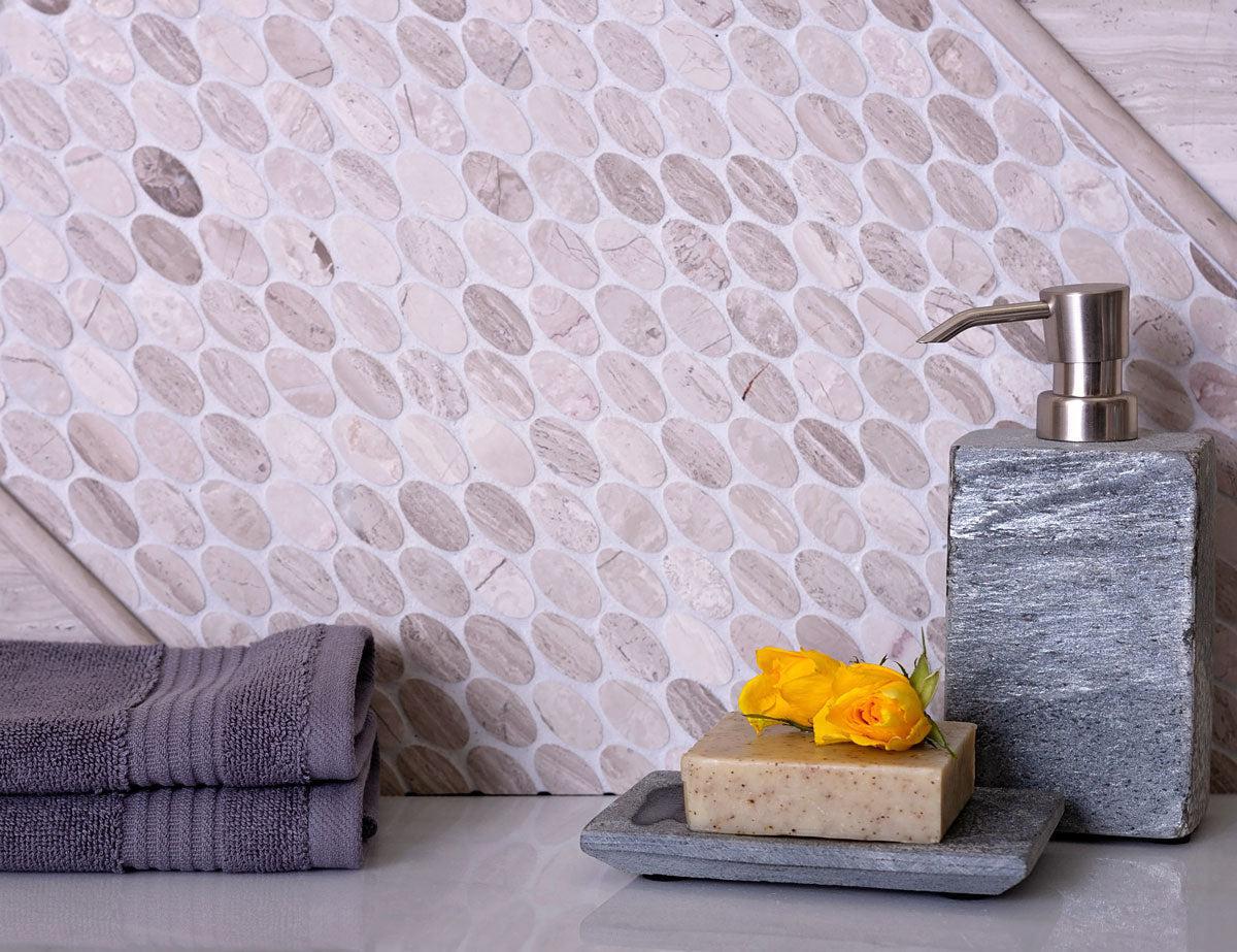 Oval Wooden Beige Marble Mosaic Tile | Tile Club