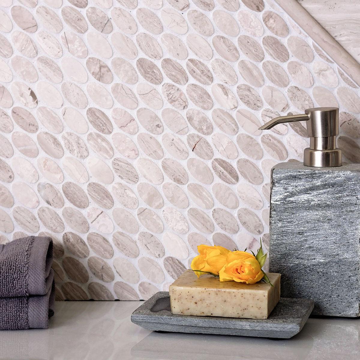 Oval Wooden Beige Marble Mosaic Tile for a Rustic Bathroom