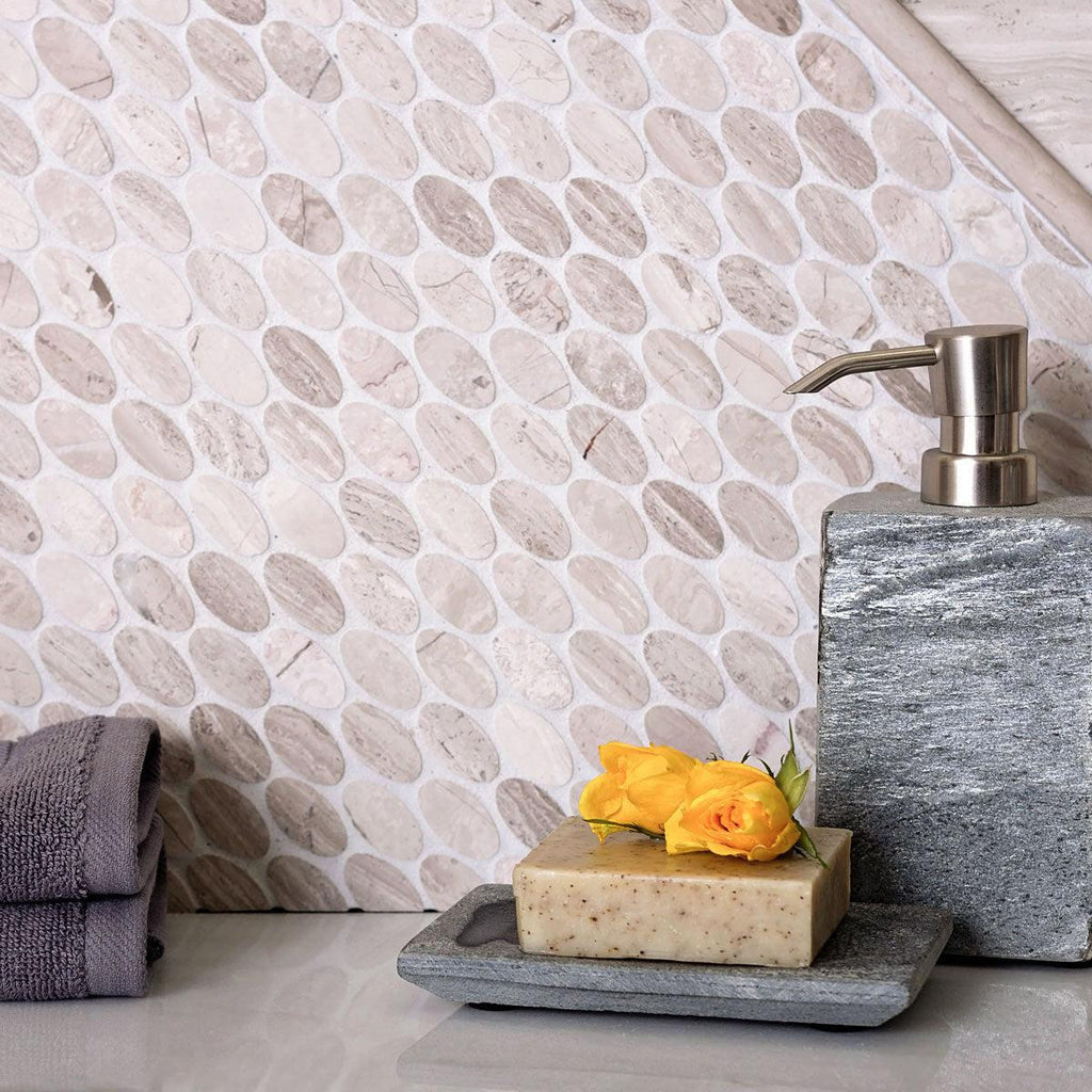 Oval Wooden Beige Marble Mosaic Tile for a Rustic Bathroom