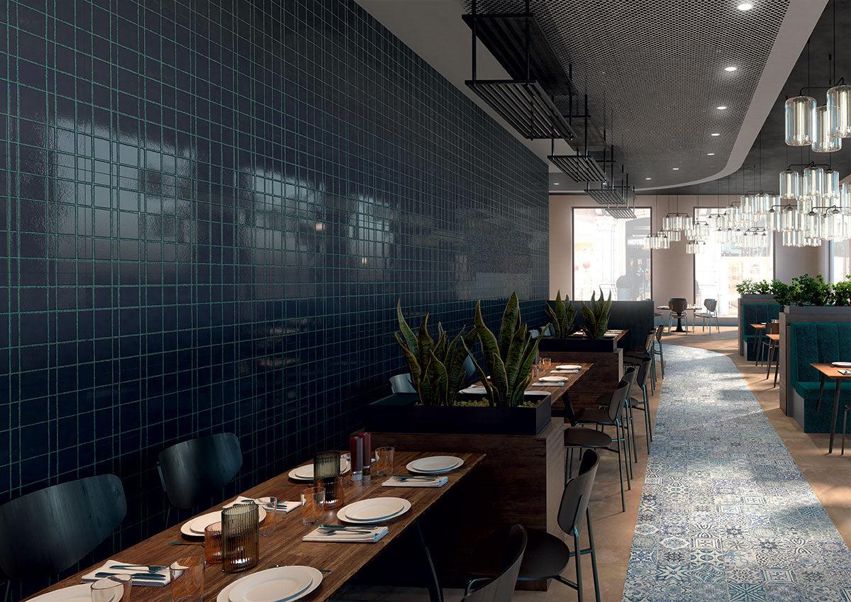 Geometric grid wall tile for a restaurant design