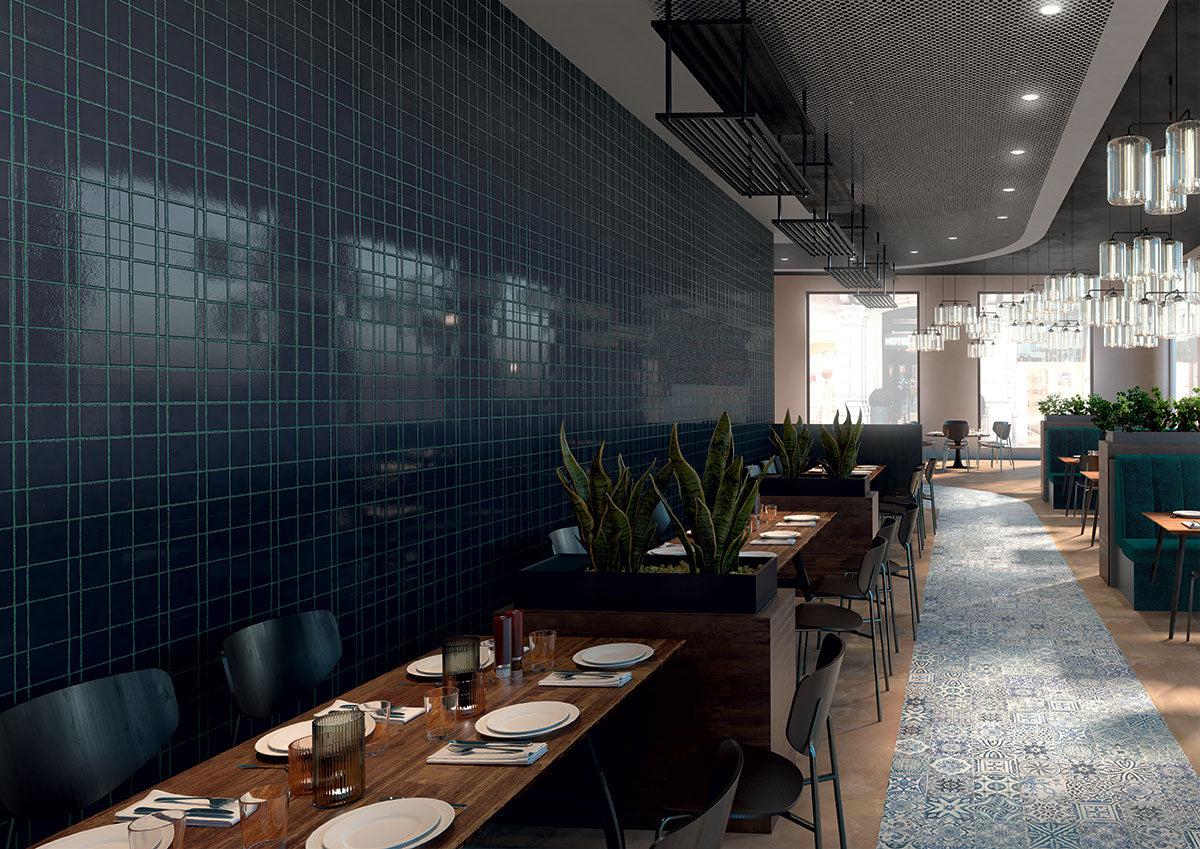 Geometric grid wall tile for a restaurant design