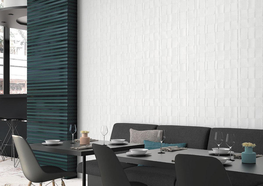 Textured white geometric ceramic wall tile
