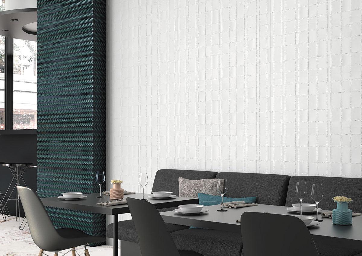 Textured white geometric ceramic wall tile