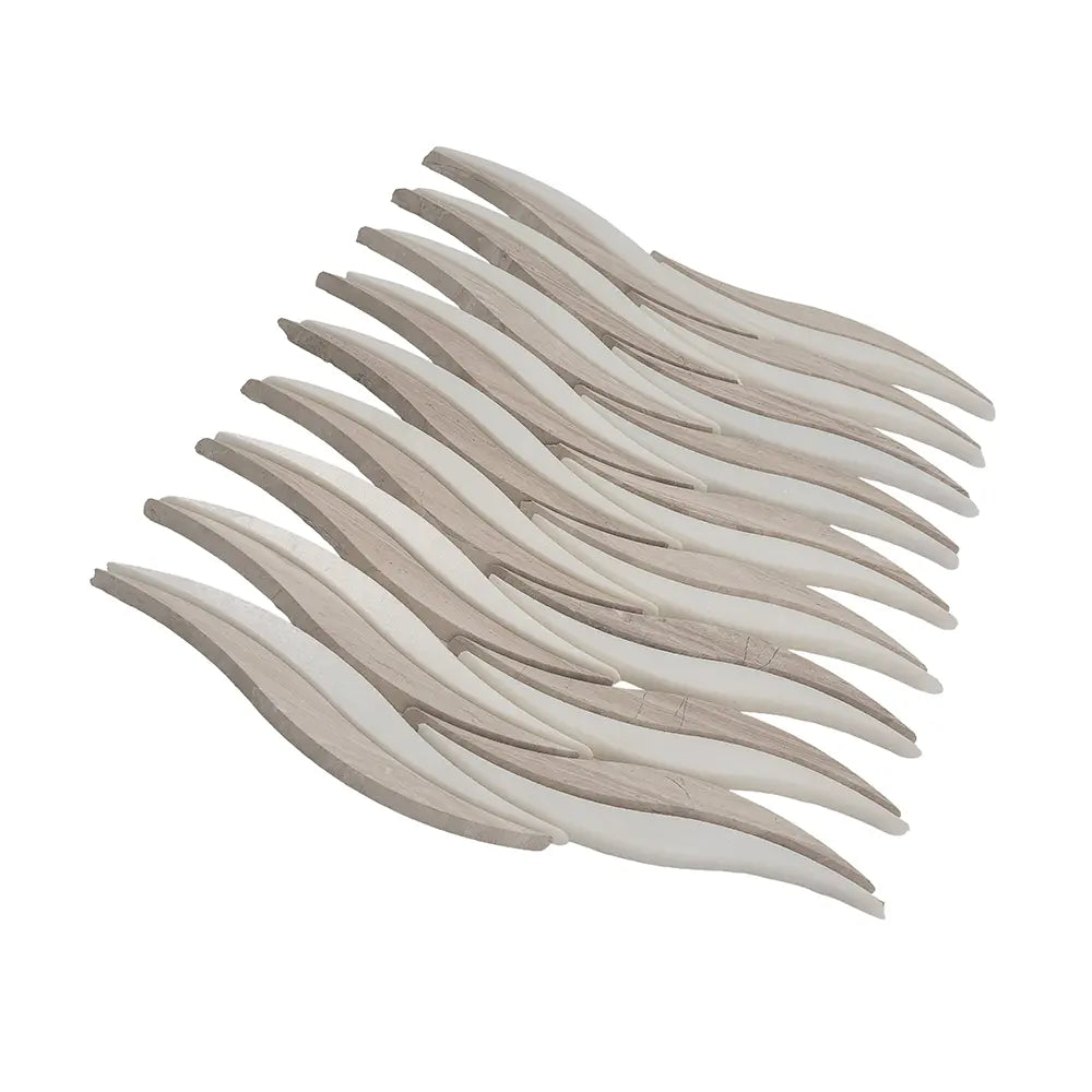 Waves Wooden Beige & Thassos Marble Mosaic Tile | Tile Club