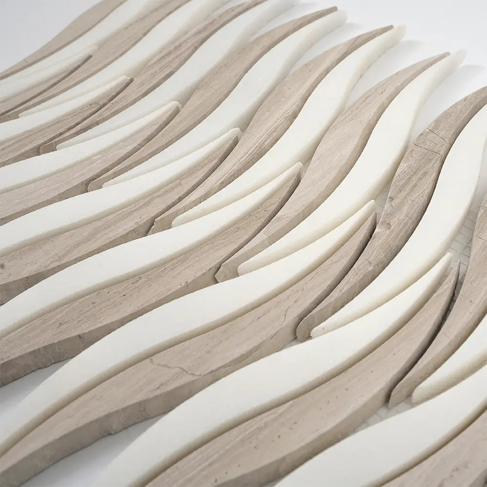Waves Wooden Beige & Thassos Marble Mosaic Tile | Tile Club