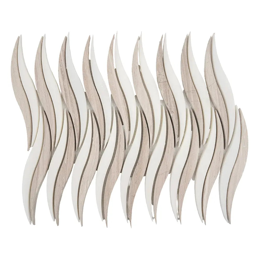 Waves Wooden Beige & Thassos Marble Mosaic Tile | Tile Club