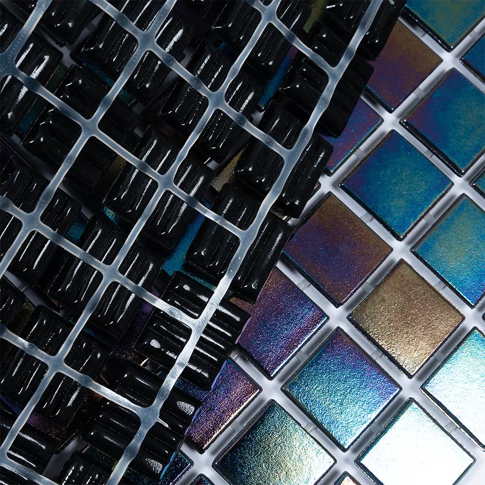 Dark Rainbow Squares Glass Pool Tile