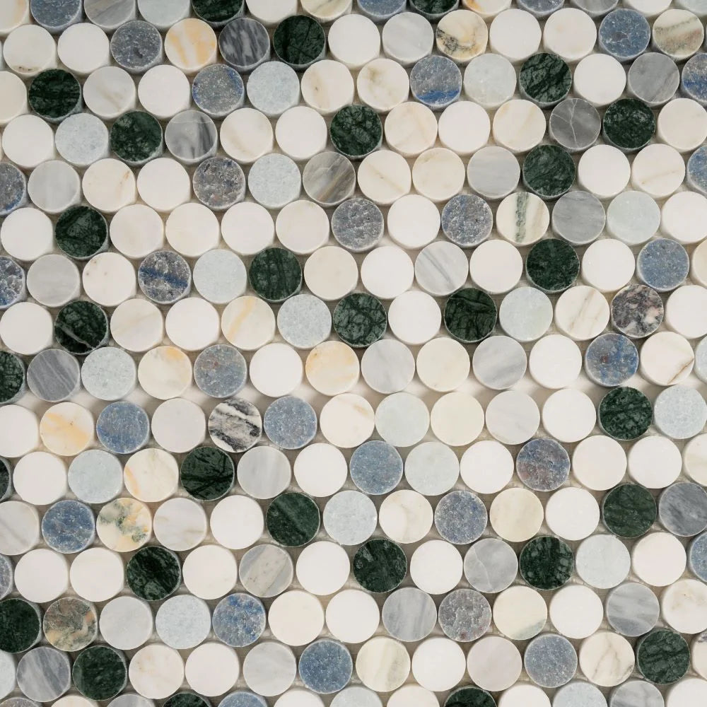 Geometria Marble Multicolor Penny Mosaic Tile | Tile Club