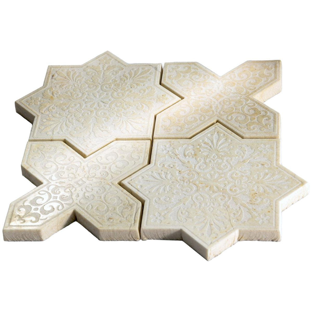 Moroccan Star & Cross Crema Etched Marble Mosaic Tile | Tile Club