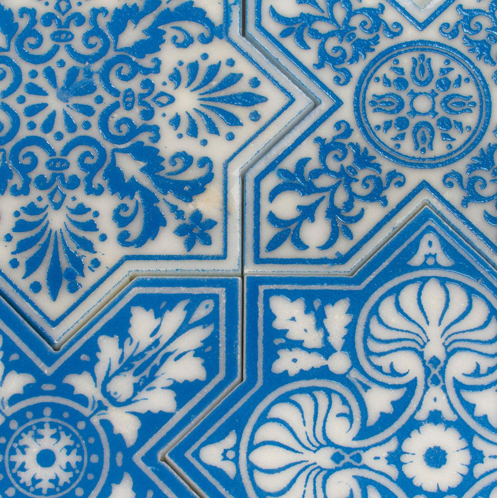 Moroccan Star & Cross Blue Etched Marble Mosaic Tile | Tile Club