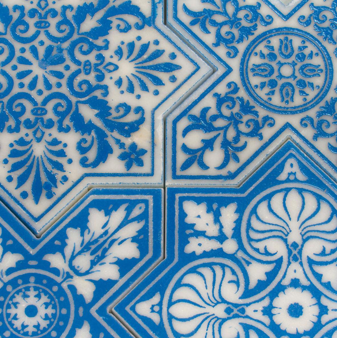Moroccan Star & Cross Blue Etched Marble Mosaic Tile | Tile Club