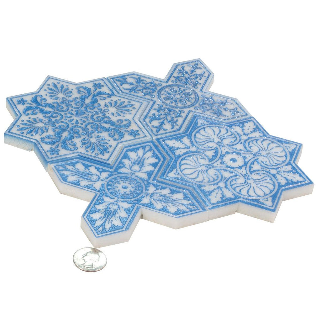 Moroccan Star & Cross Blue Etched Marble Mosaic Tile Sample Swatch ...