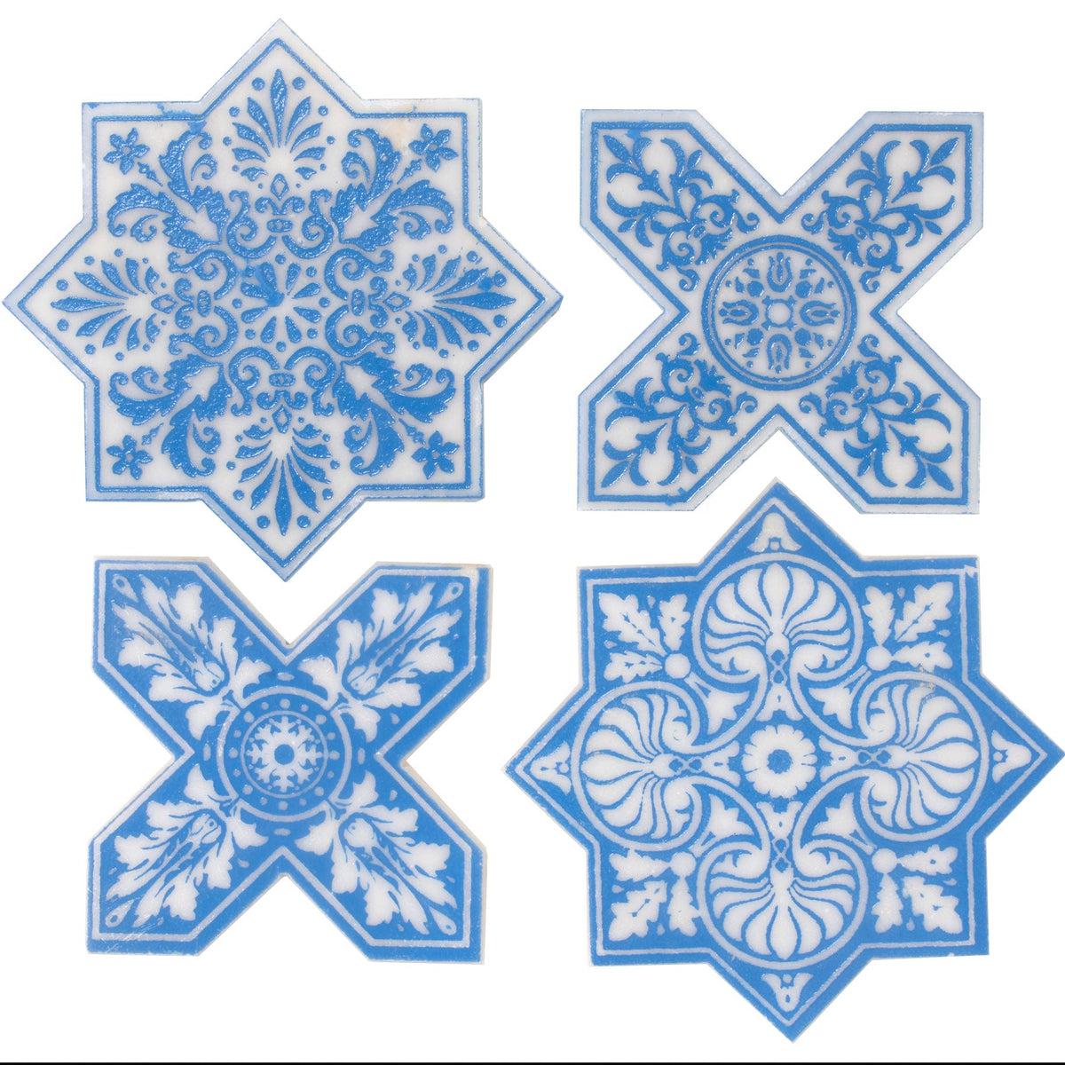 Moroccan Star & Cross Blue Etched Marble Mosaic Tile Sample