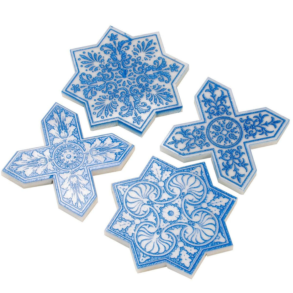 Moroccan Star & Cross Blue Etched Marble Mosaic Tile