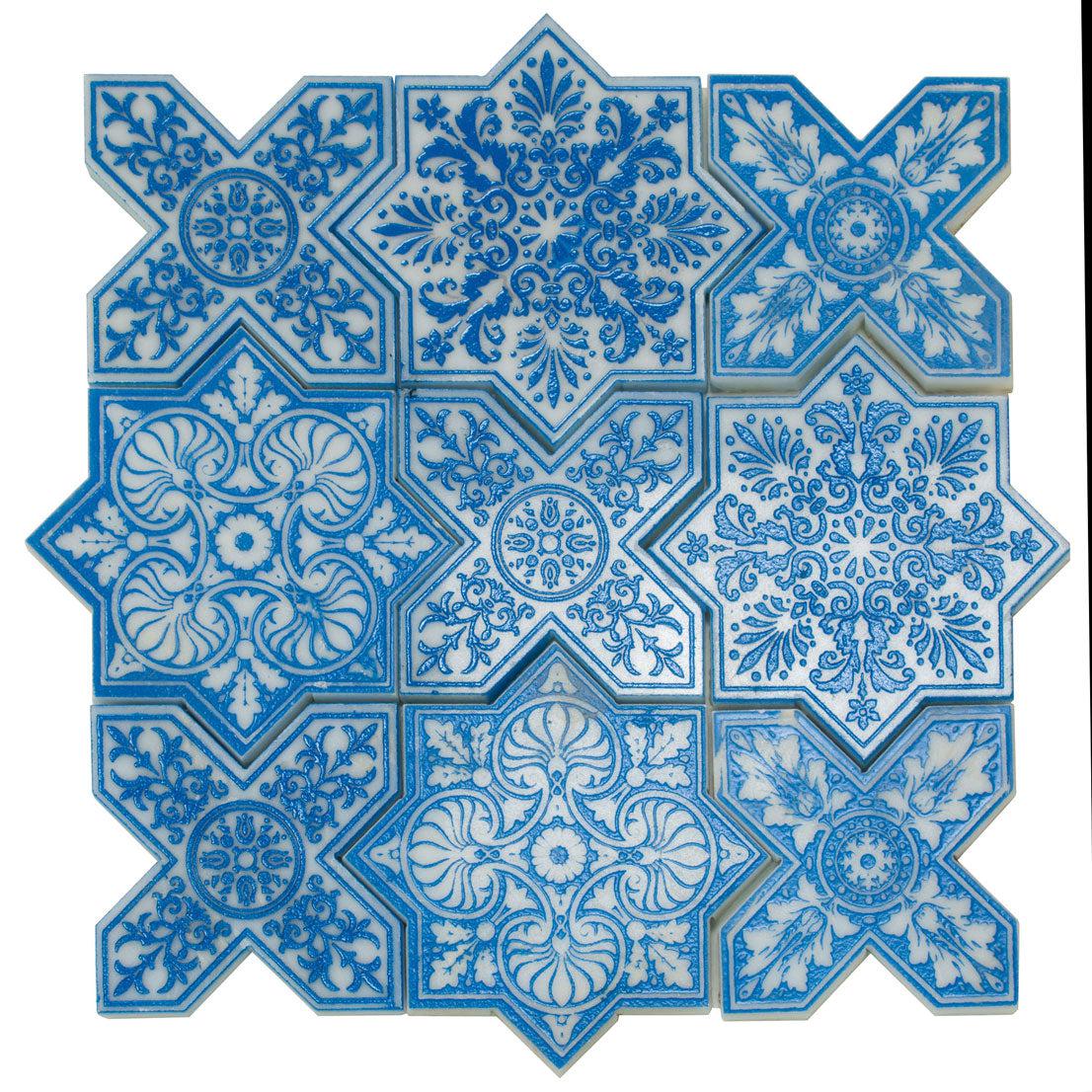 Moroccan Star & Cross Blue Etched Marble Mosaic Tile