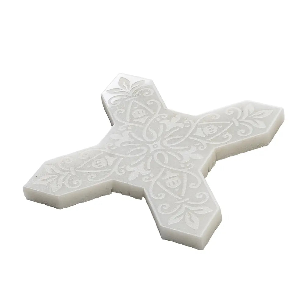 Babylon White Star & Cross Etched Marble Mosaic Tile | Tile Club