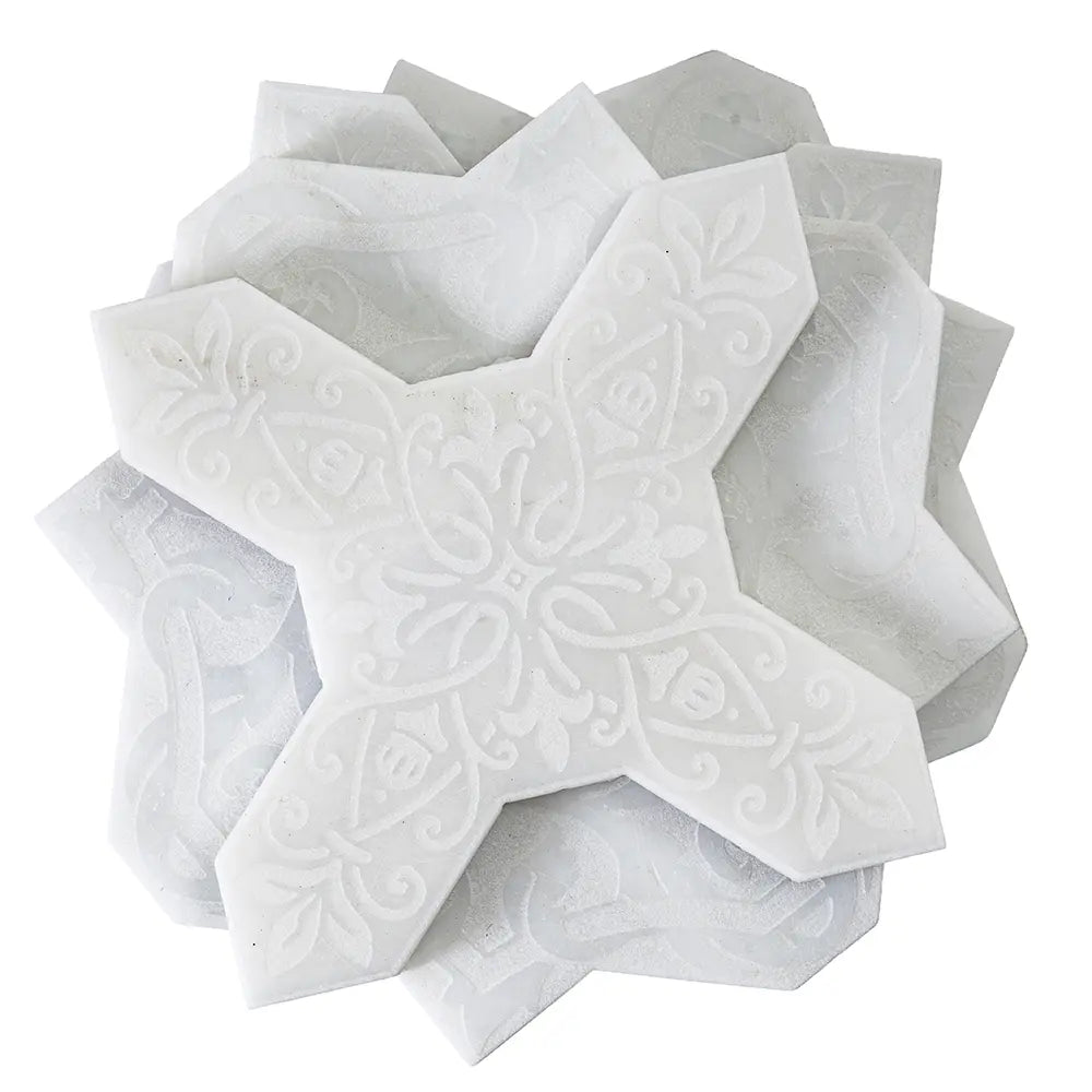 Babylon White Star & Cross Etched Marble Mosaic Tile | Tile Club