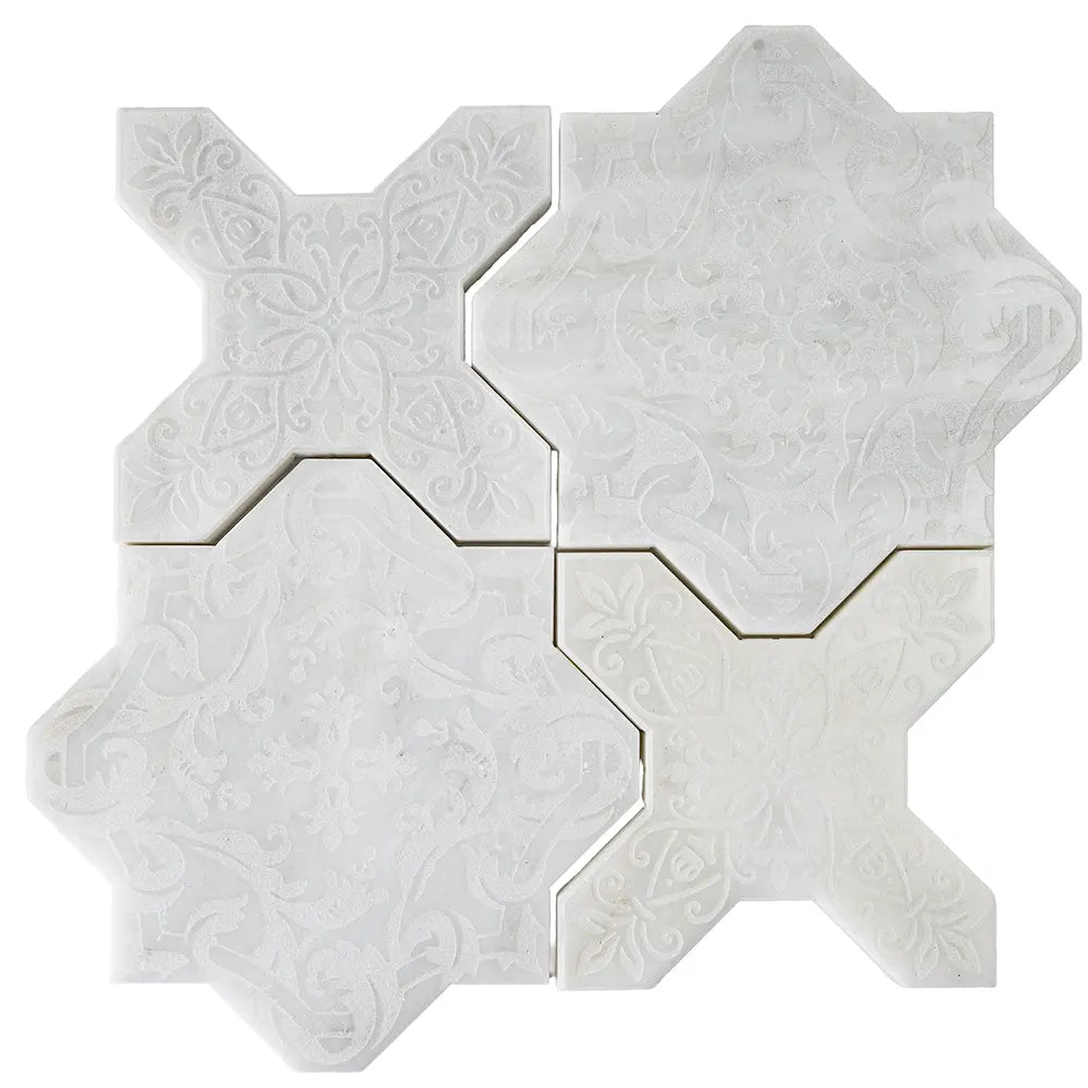 Babylon White Star & Cross Etched Marble Mosaic Tile | Tile Club