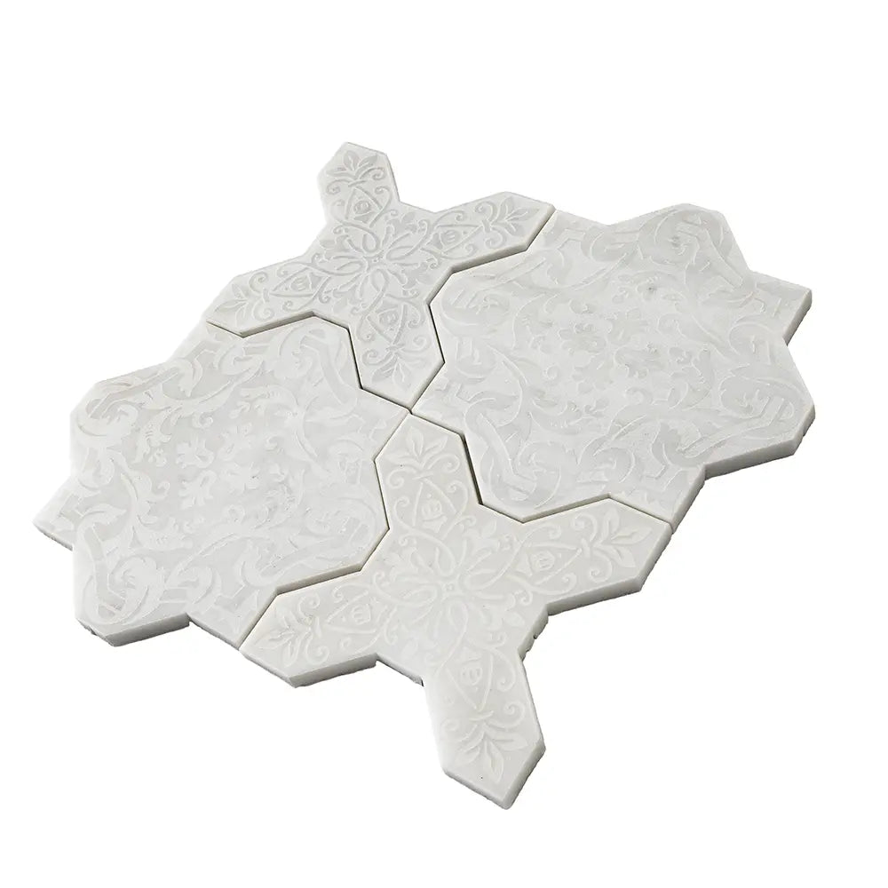 Babylon White Star & Cross Etched Marble Mosaic Tile | Tile Club