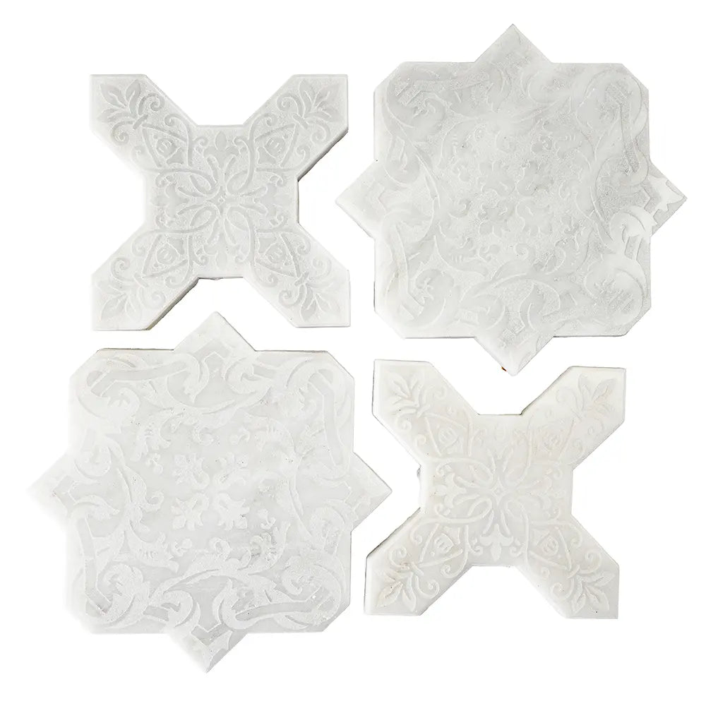 Babylon White Star & Cross Etched Marble Mosaic Tile | Tile Club