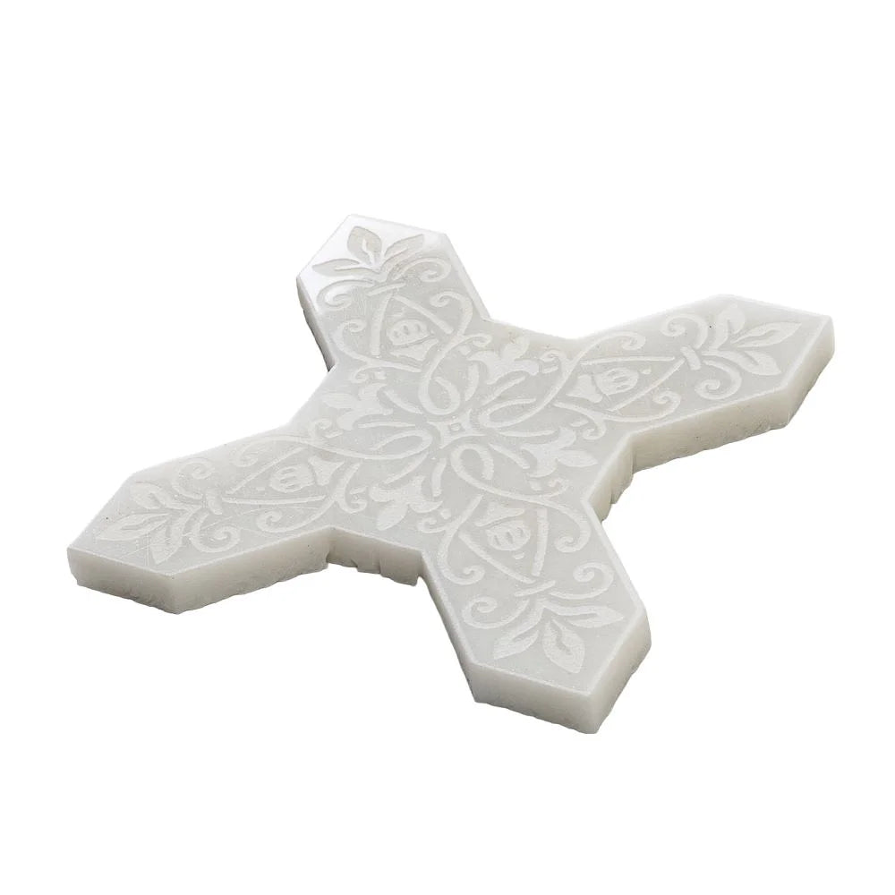 Moroccan Star & Cross White Etched Marble Mosaic Tile | Tile Club
