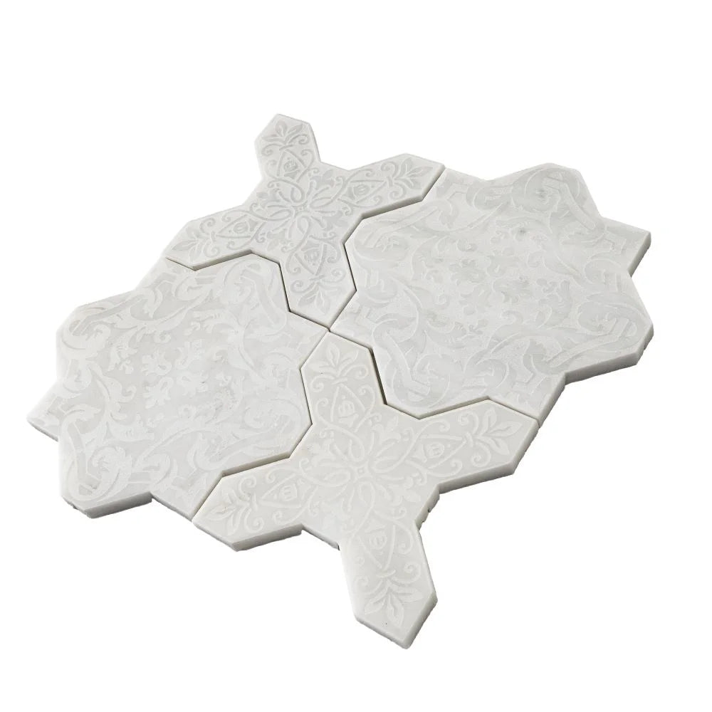 Moroccan Star & Cross White Etched Marble Mosaic Tile | Tile Club