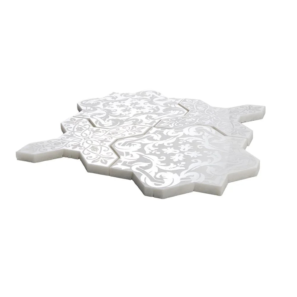 Moroccan Star & Cross White Etched Marble Mosaic Tile | Tile Club