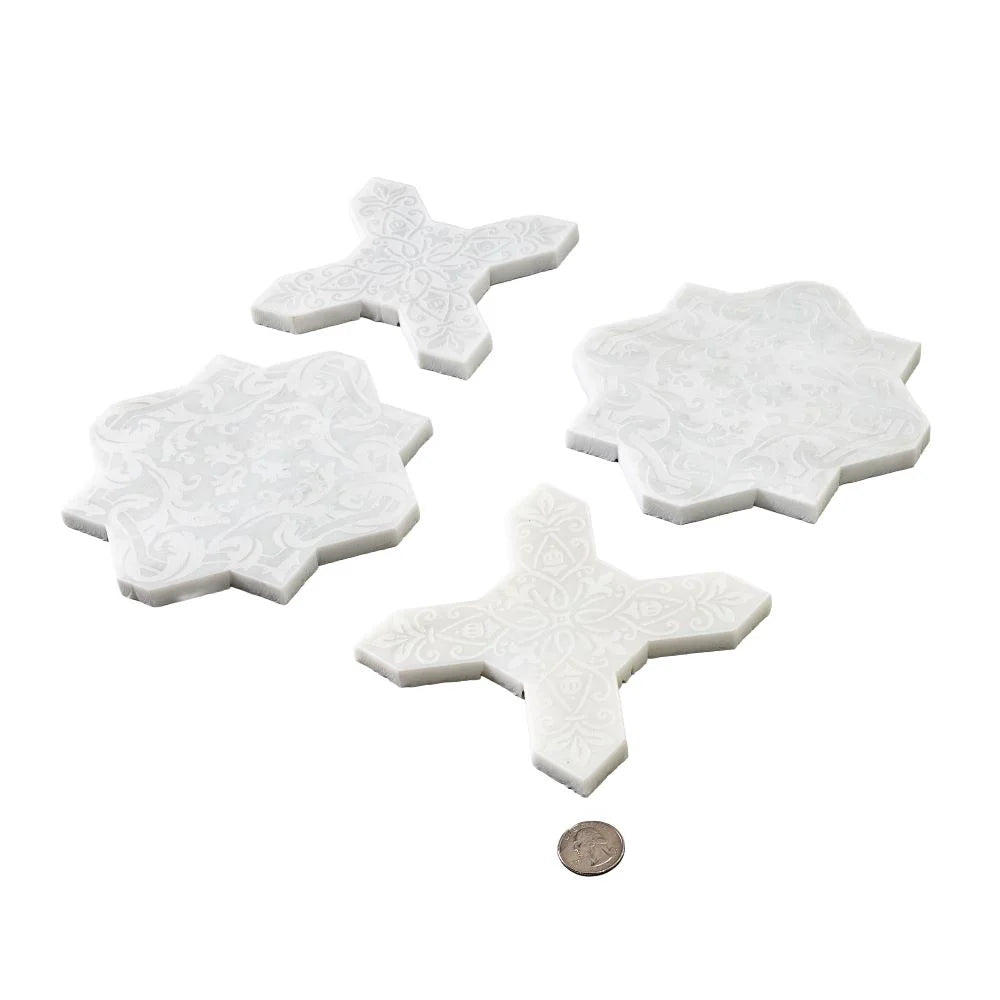 Moroccan Star & Cross White Etched Marble Mosaic Tile | Tile Club