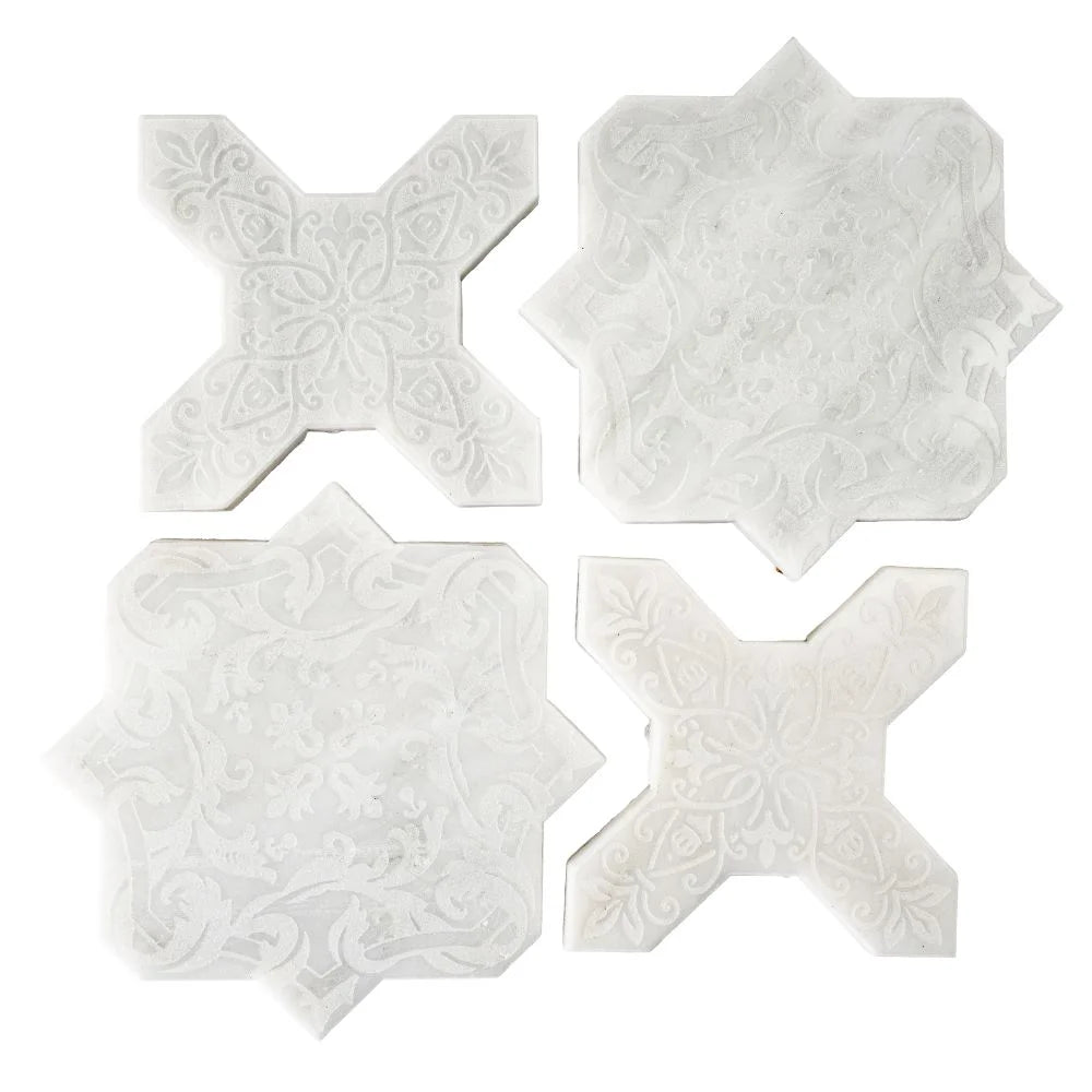 Moroccan Star & Cross White Etched Marble Mosaic Tile | Tile Club