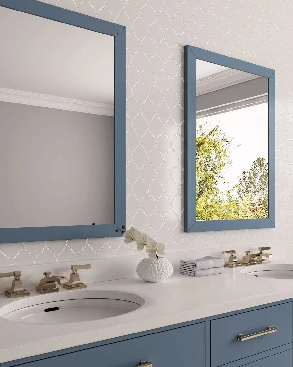 Blue Bathroom Vanity Cabinets with Pearl Chic White Marble & Mother Of Pearl Waterjet Mosaic Tile