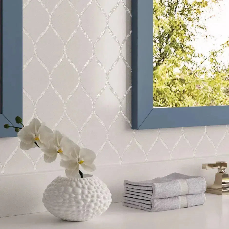 pearl waterjet mosaic bathroom vanity wall tile with blue cabinets