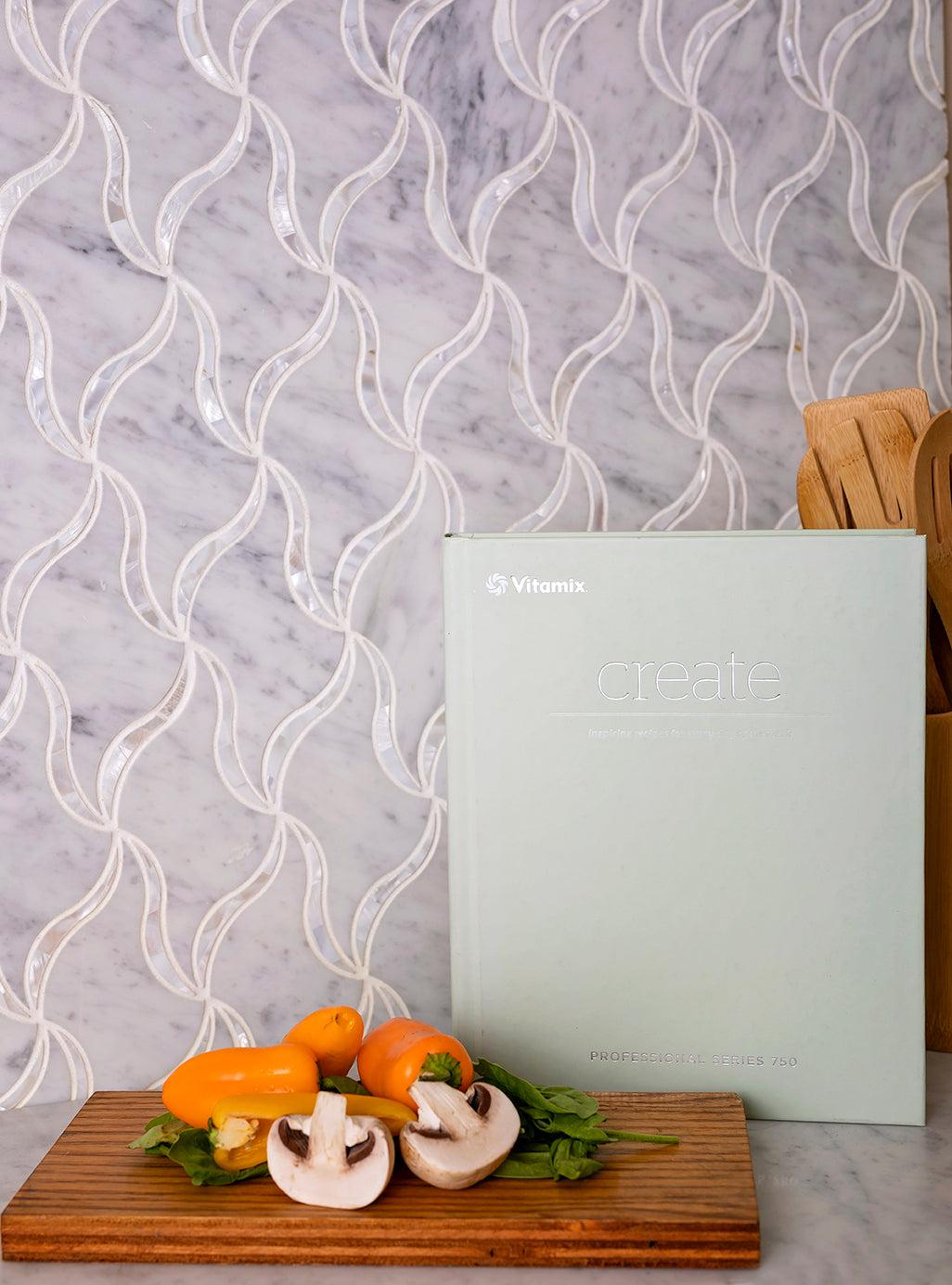Pearl Ribbon White Marble & Mother Of Pearl Waterjet Mosaic Tile for a Patterned Kitchen Backsplash