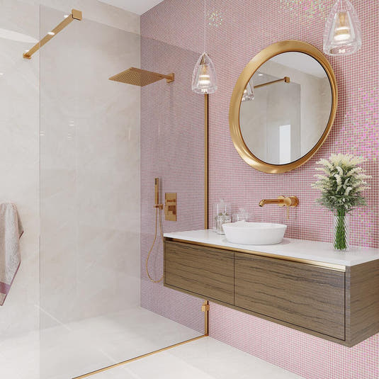 Modern Bathroom Design with Brass Fixtures and Pearly Peach Glossy Squares Glass Tile Backsplash