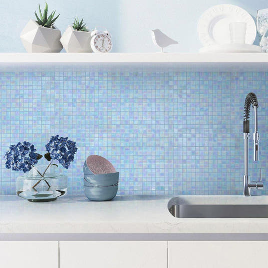 Pearly Powder Blue Glossy Squares Glass Kitchen Backsplash Tile