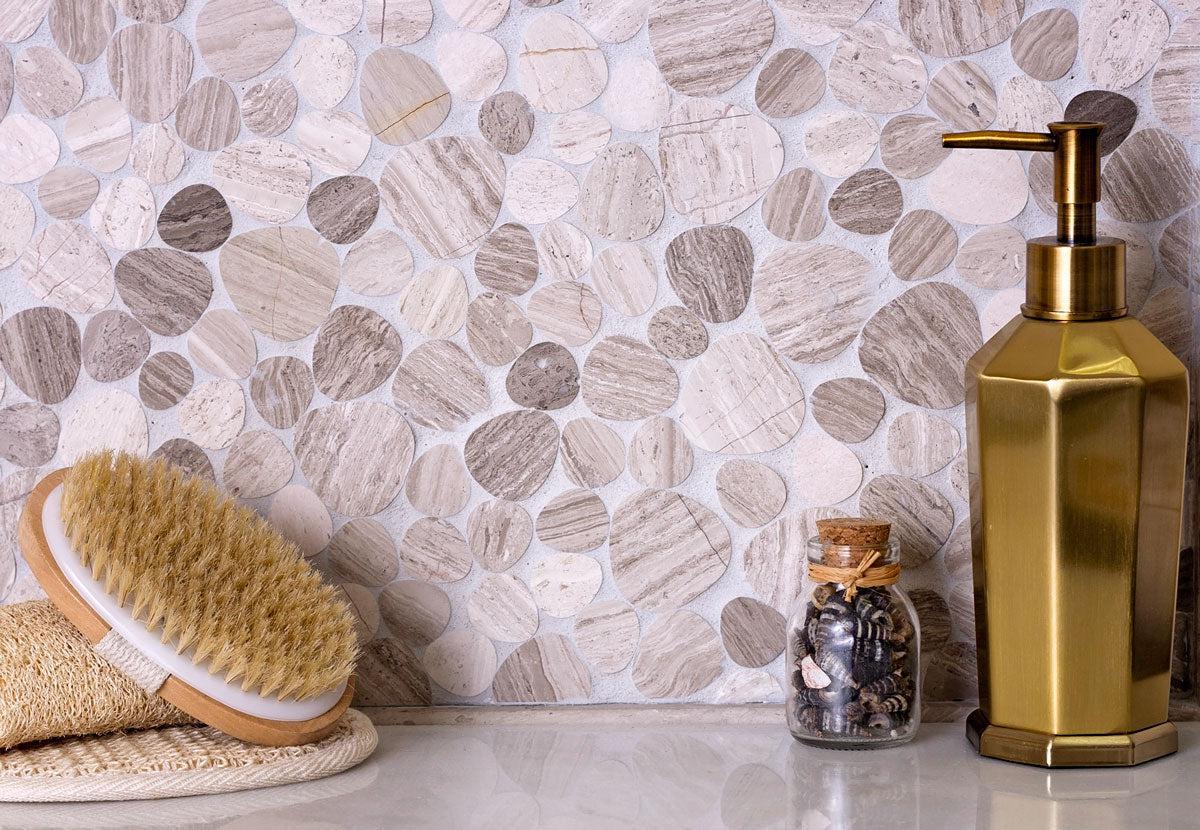 Pebble Wooden Beige Marble Mosaic Tile | Tile Club