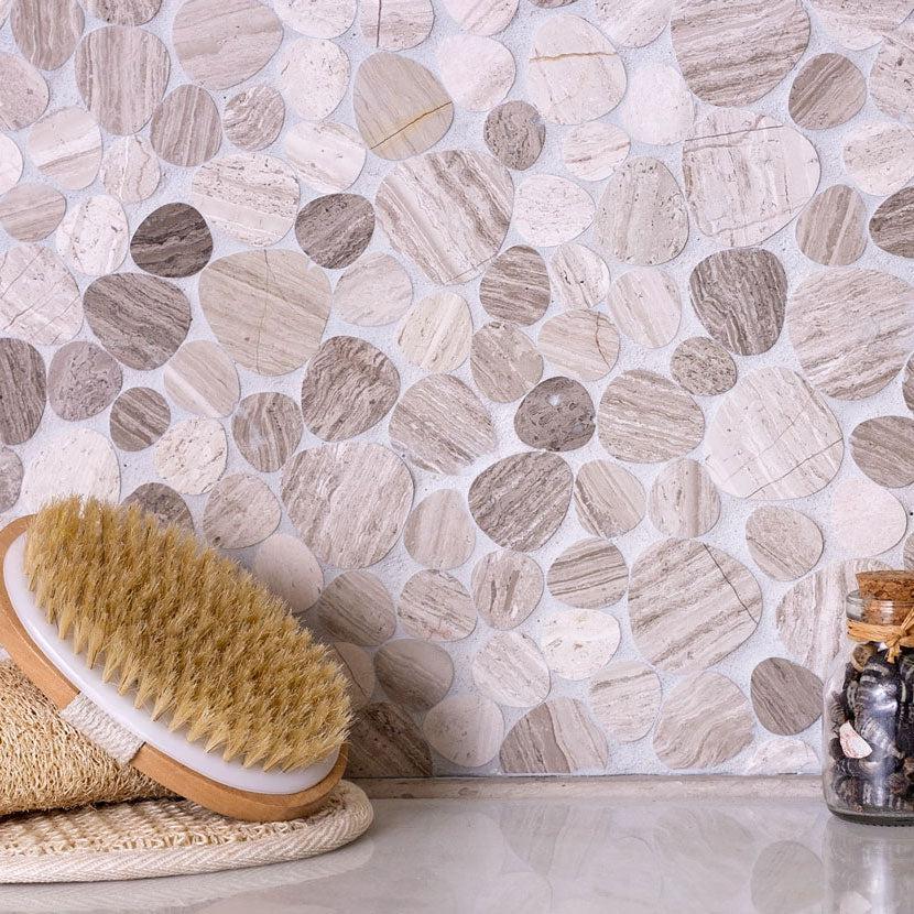 Pebble Wooden Beige Marble Mosaic Tile