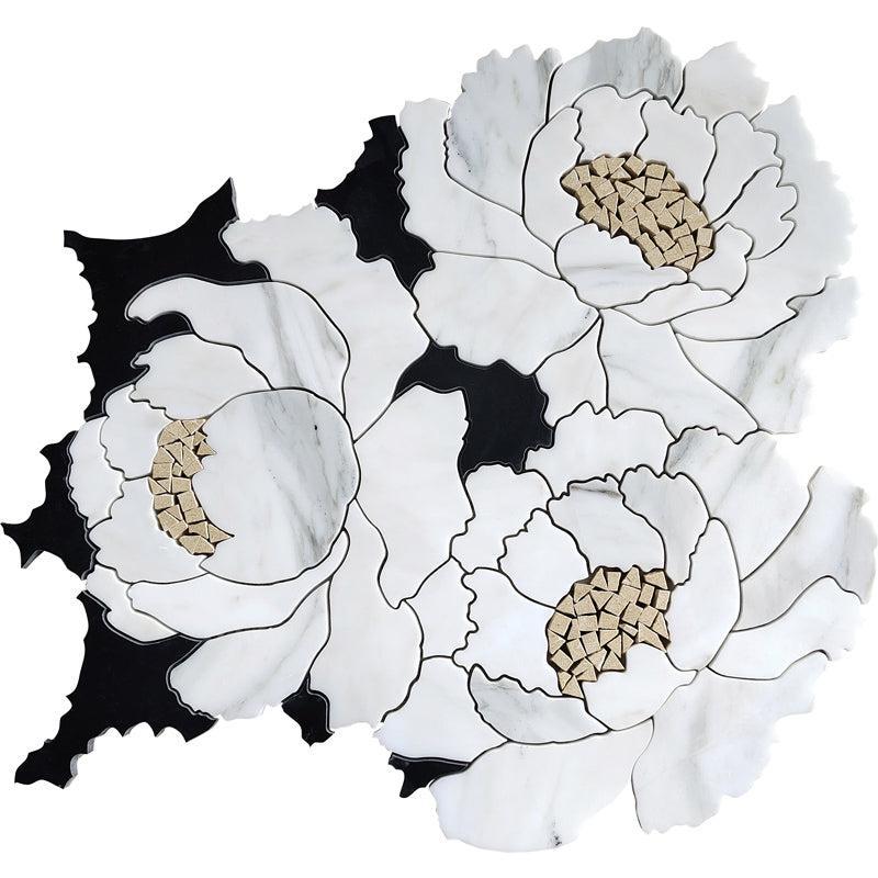 Peonia Flower Black and White Marble Waterjet Mosaic Tile | Tile Club