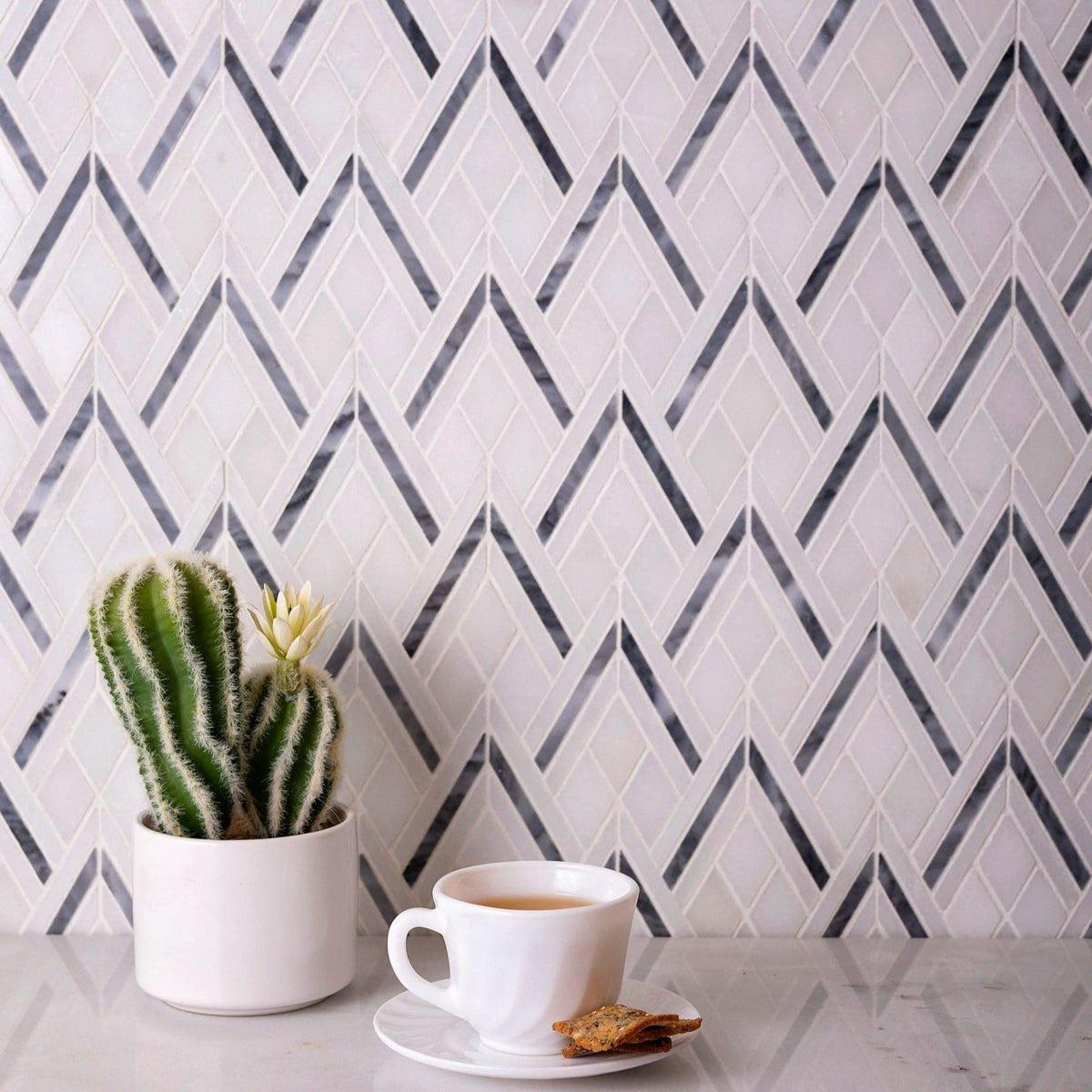  8.7" x 9.9" Pike Peak Thassos White & Bardiglio Marble Mosaic Tile