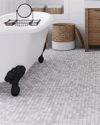 Charming Rustic Bathroom Floor with White Shiplap Walls and Clawfoot Tub on Plaza Wooden Beige Marble Mosaic Tile floor