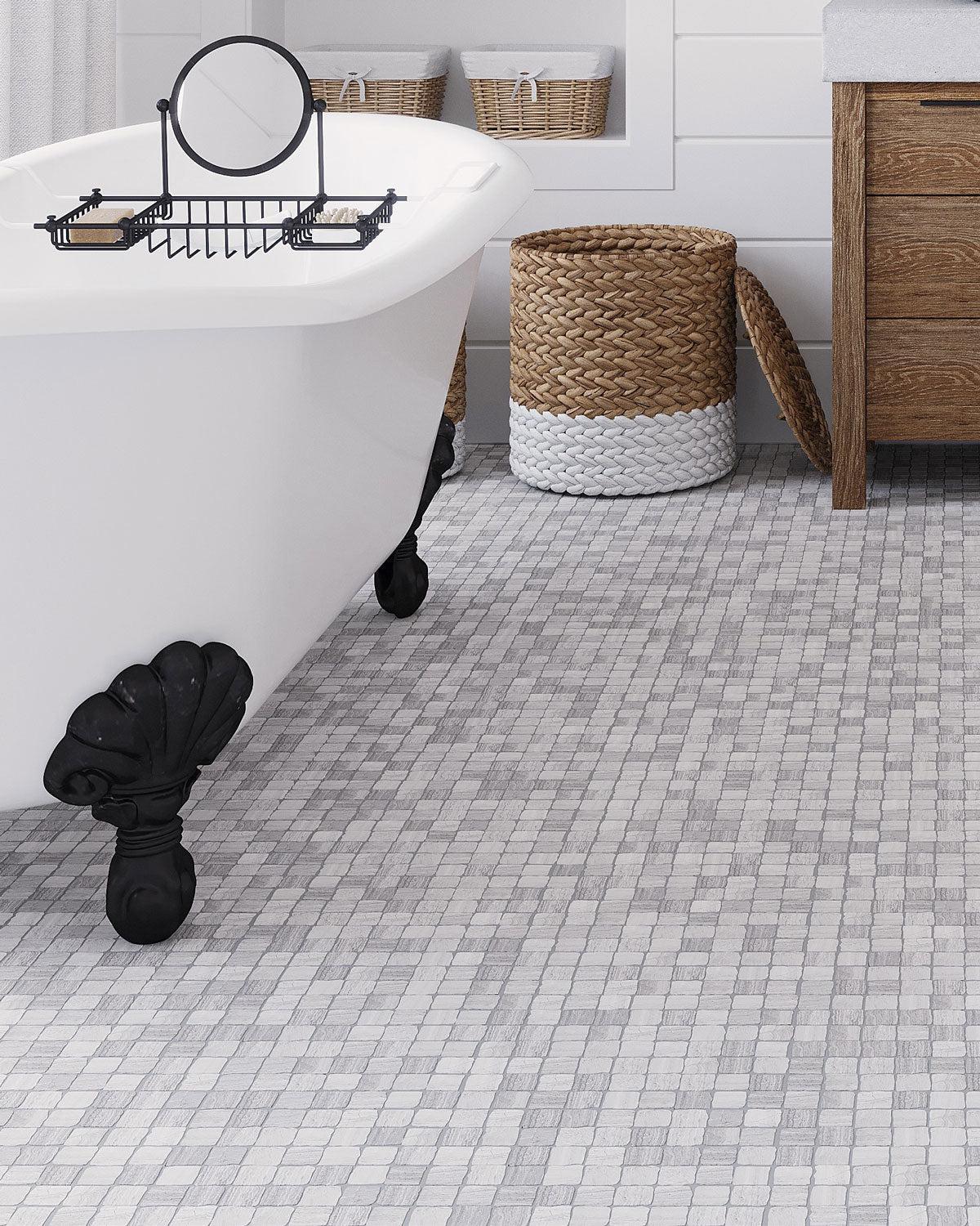Charming Rustic Bathroom Floor with White Shiplap Walls and Clawfoot Tub on Plaza Wooden Beige Marble Mosaic Tile floor