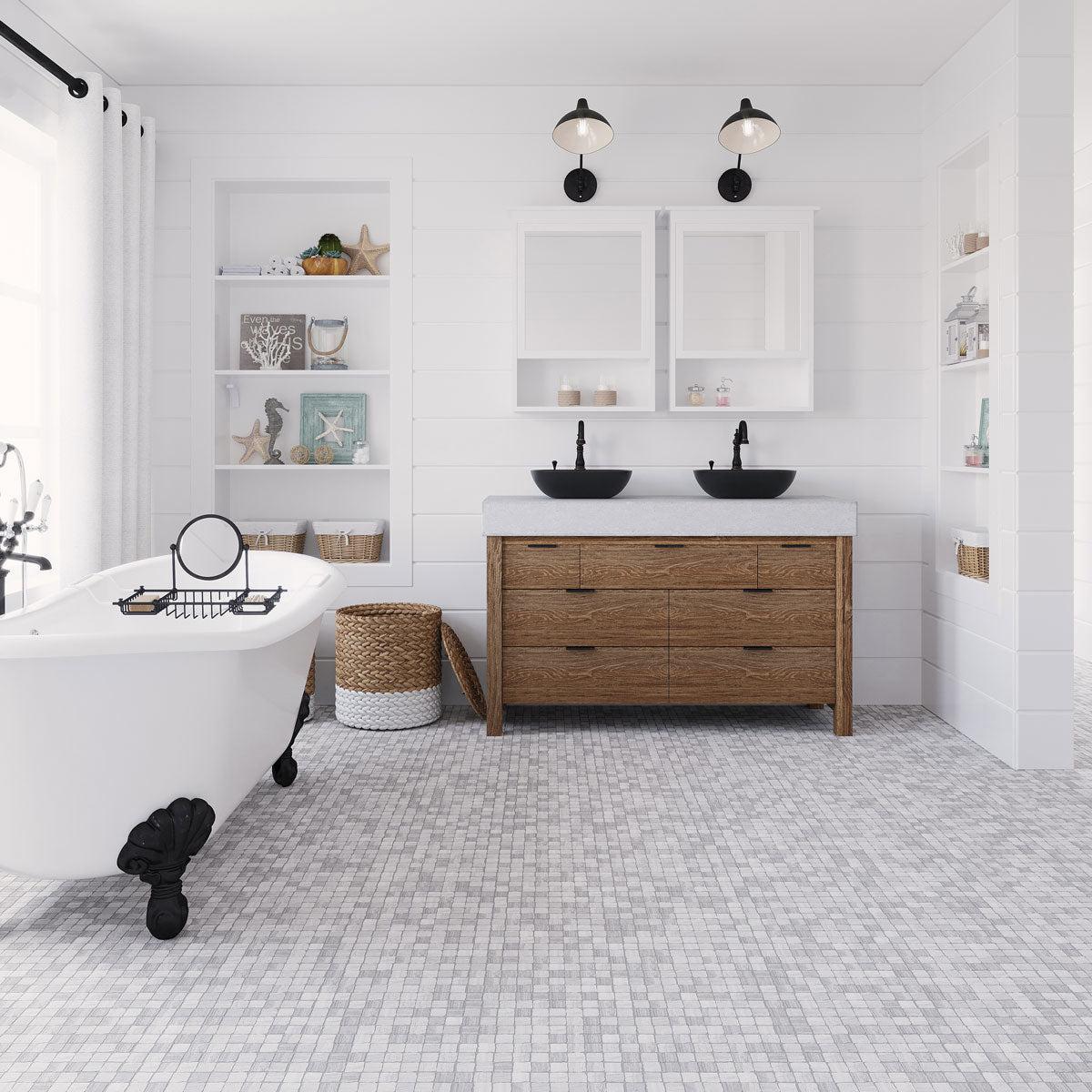 White and Neutral Bathroom with Plaza Wooden Beige Marble Mosaic Tile Slip Resistant Floors and Shiplap Walls