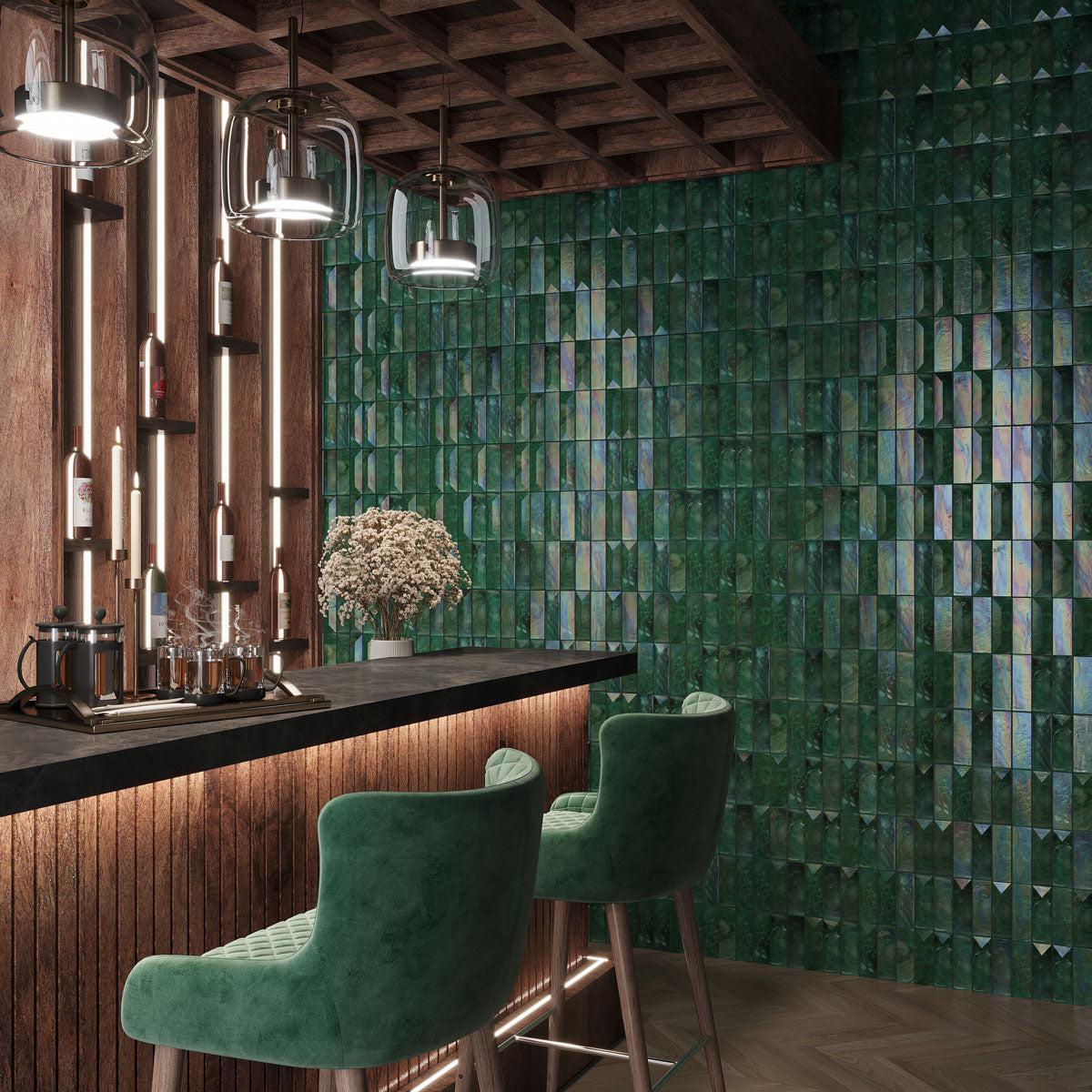 Hotel Bar design with Prism Jade Beveled Brick Glass Mosaic Tiles accent wall