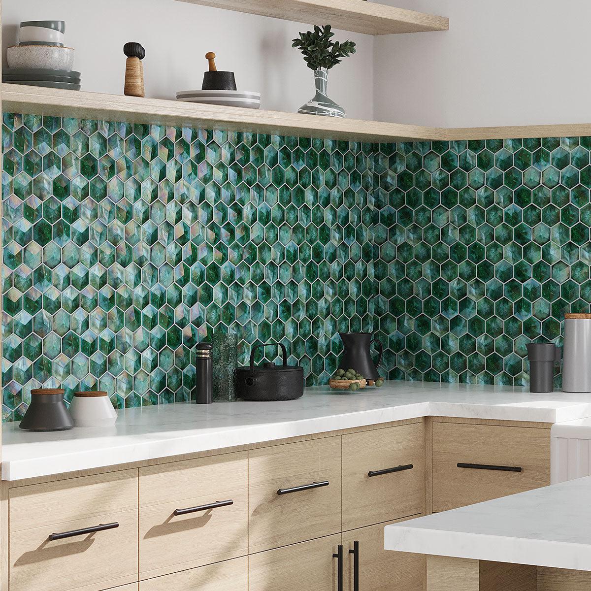 Prism Jade Beveled Hexagon Glass Mosaic Tile