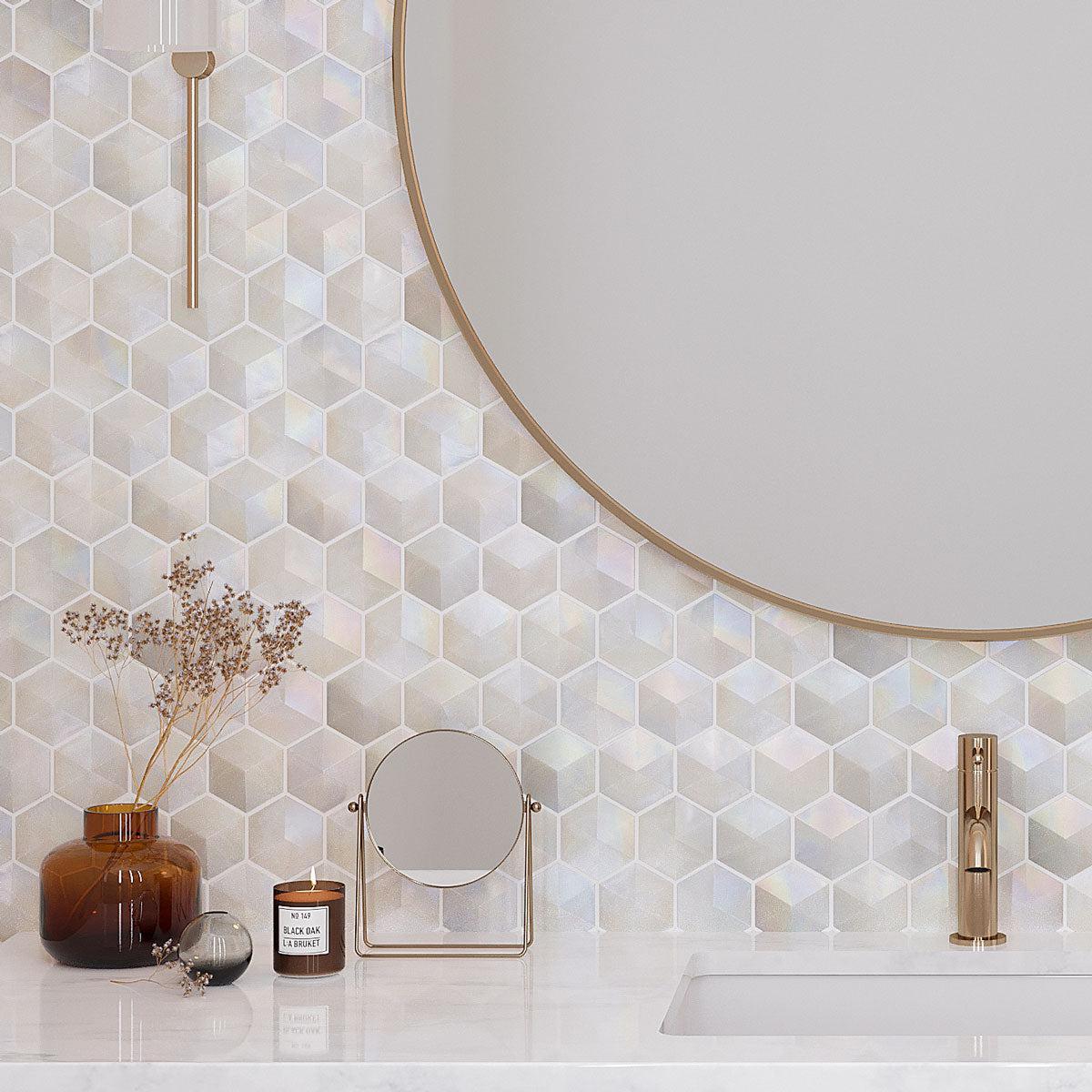 Prism Pearl Beveled Hexagon Glass Mosaic Tile Bathroom Backsplash