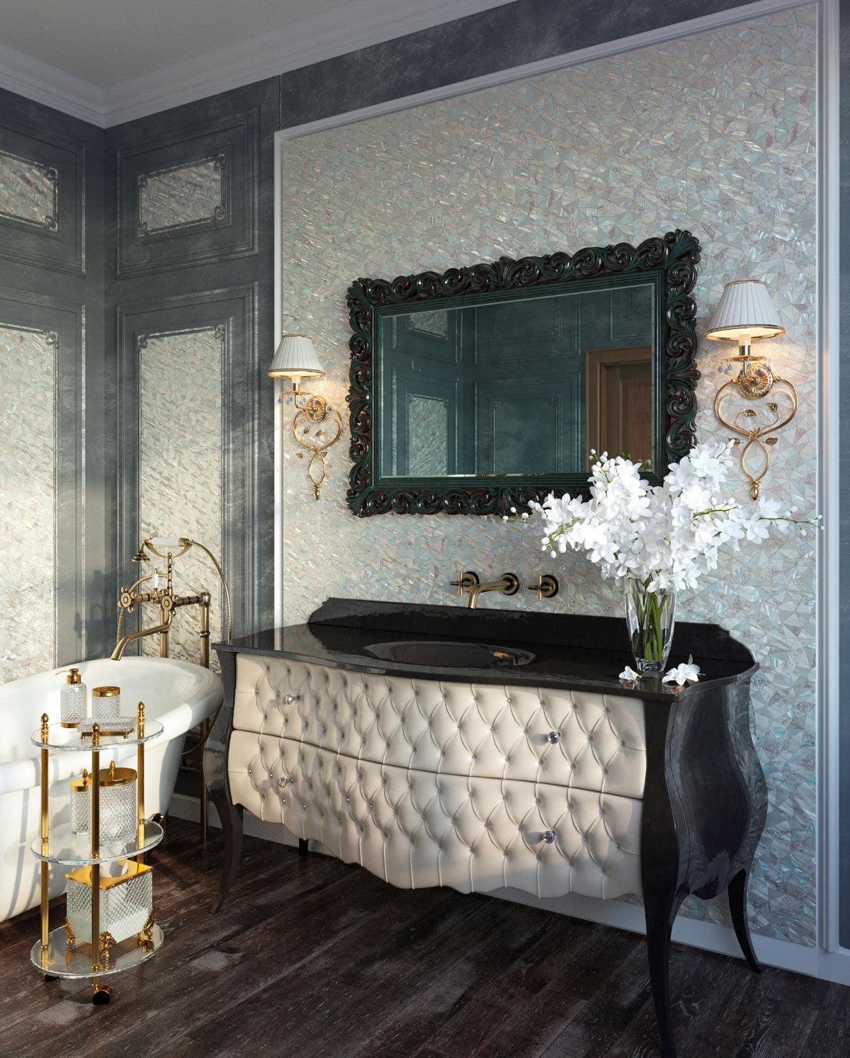 Vintage Bathroom Vanity with Pure White Illusion Mother Of Pearl Mosaic Tile Walls and Bathtub Surround