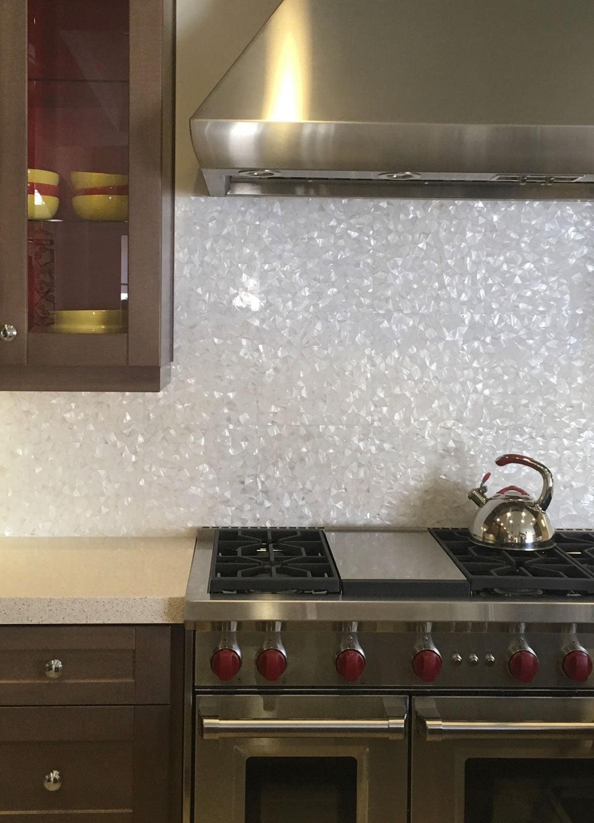 Groutless Pure White Illusion Mother Of Pearl Mosaic Tile Backsplash Behind the Stove