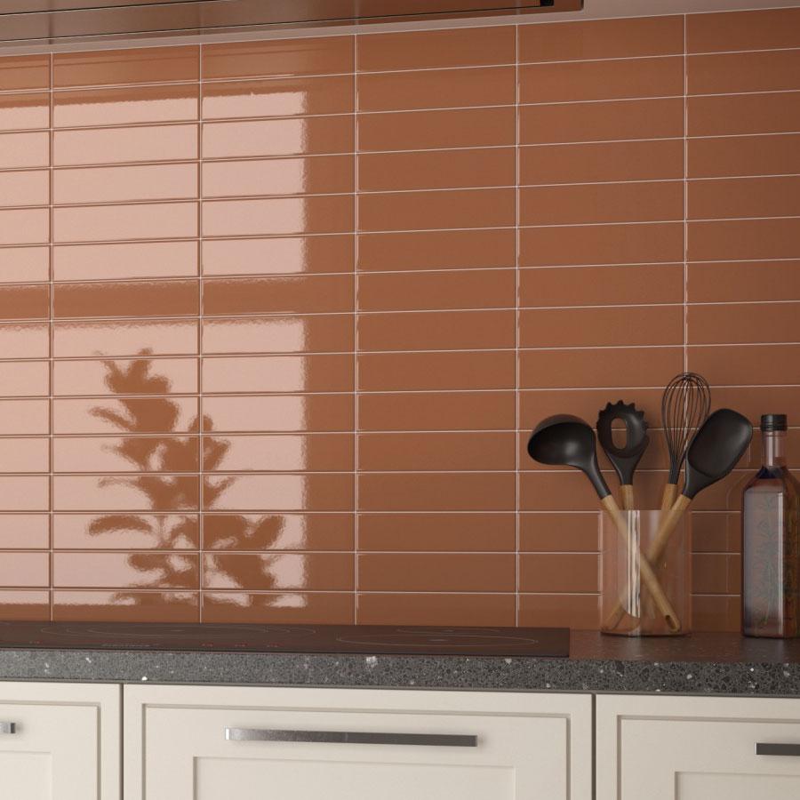 Groove Terra Cotta Gloss Ceramic Subway Tile Backsplash