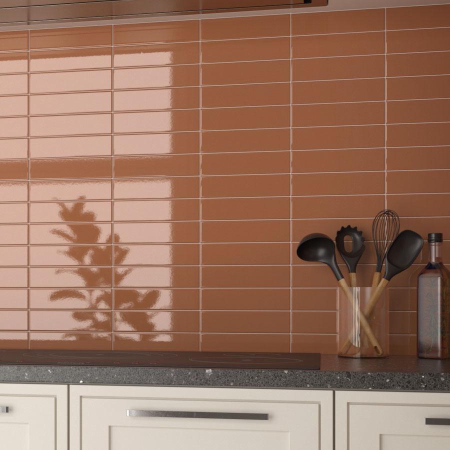 Groove Terracotta Gloss Ceramic Subway Tile Backsplash